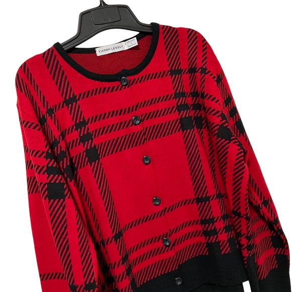 Vintage Karen Lessly Red and Black Button Down Cardigan Sweater - Picture 2 of 7